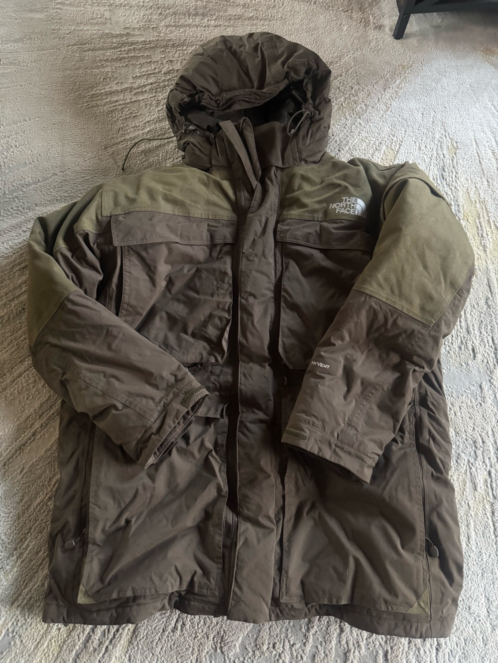 The North Face Olive Green Parka goose down Jacket hooded Hyvent XXL